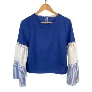 ENGLISH FACTORY Women’s Tiered Ruffle Statement Sleeve Top Blue/White Size Small